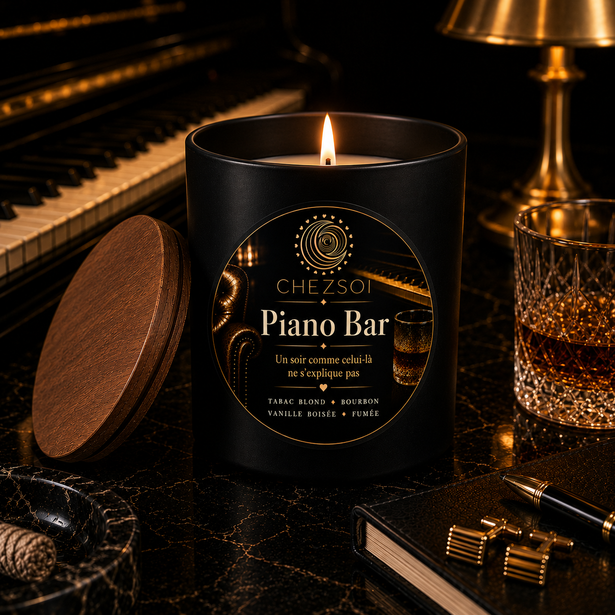 Chandelle Piano Bar — ChezSoi, contenant mat noir avec couvercle en bois, ambiance piano bar élégant.